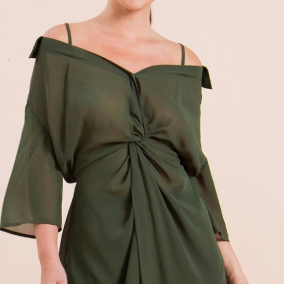 Olive Cold Shoulder Blouse w/ Collar & Twist Knot - Picture 4 of 10